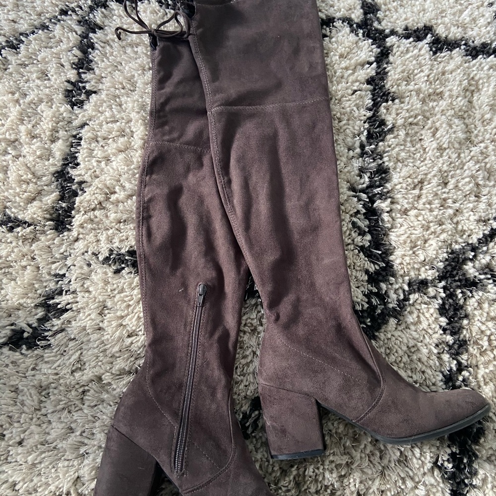 Grey knee high boots